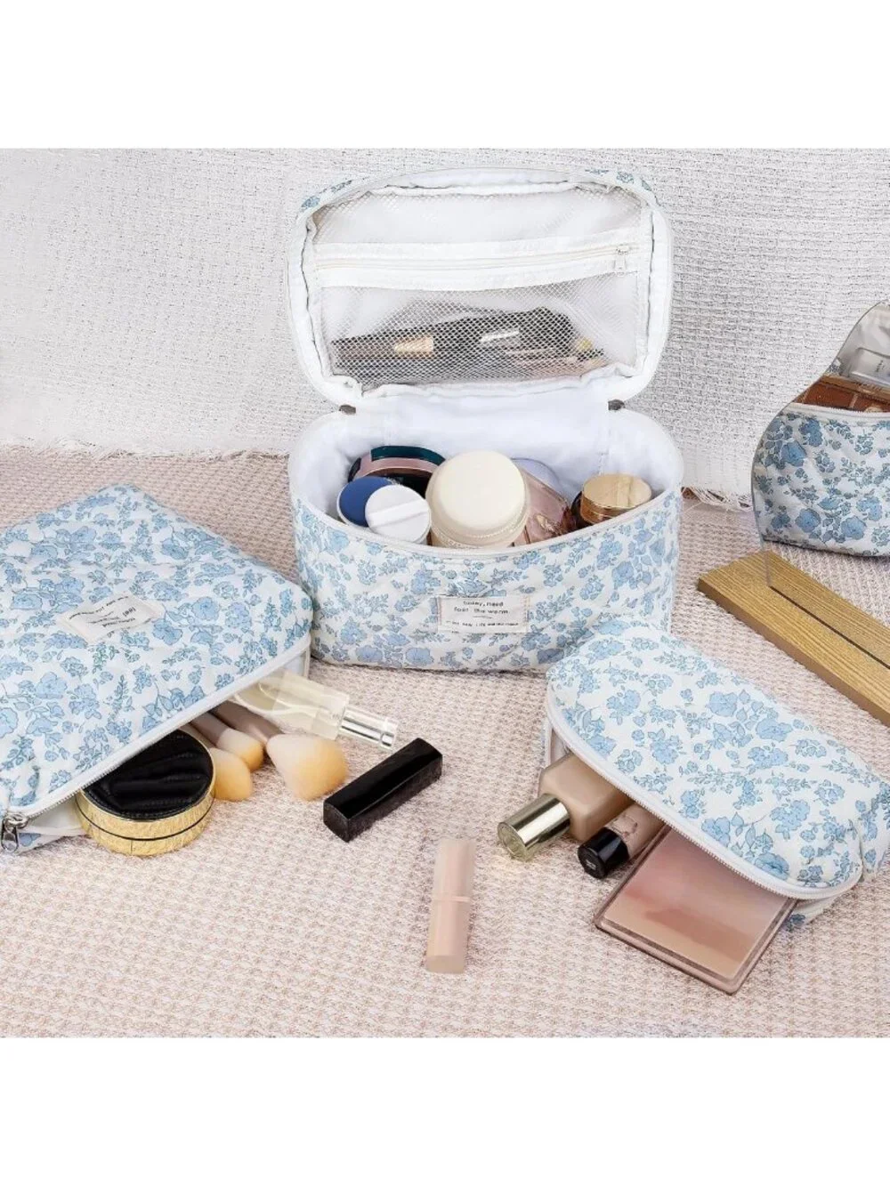 3pc Floral Makeup Bag Set - Quilted Cosmetic Organizer for Travel & Toiletries